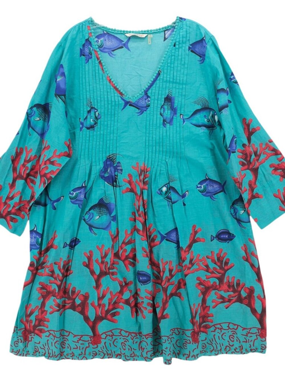 SOFT SURROUNDINGS Seychelles Tunic Top Fish Ocean Print Pintuck Beaded EUC 1X